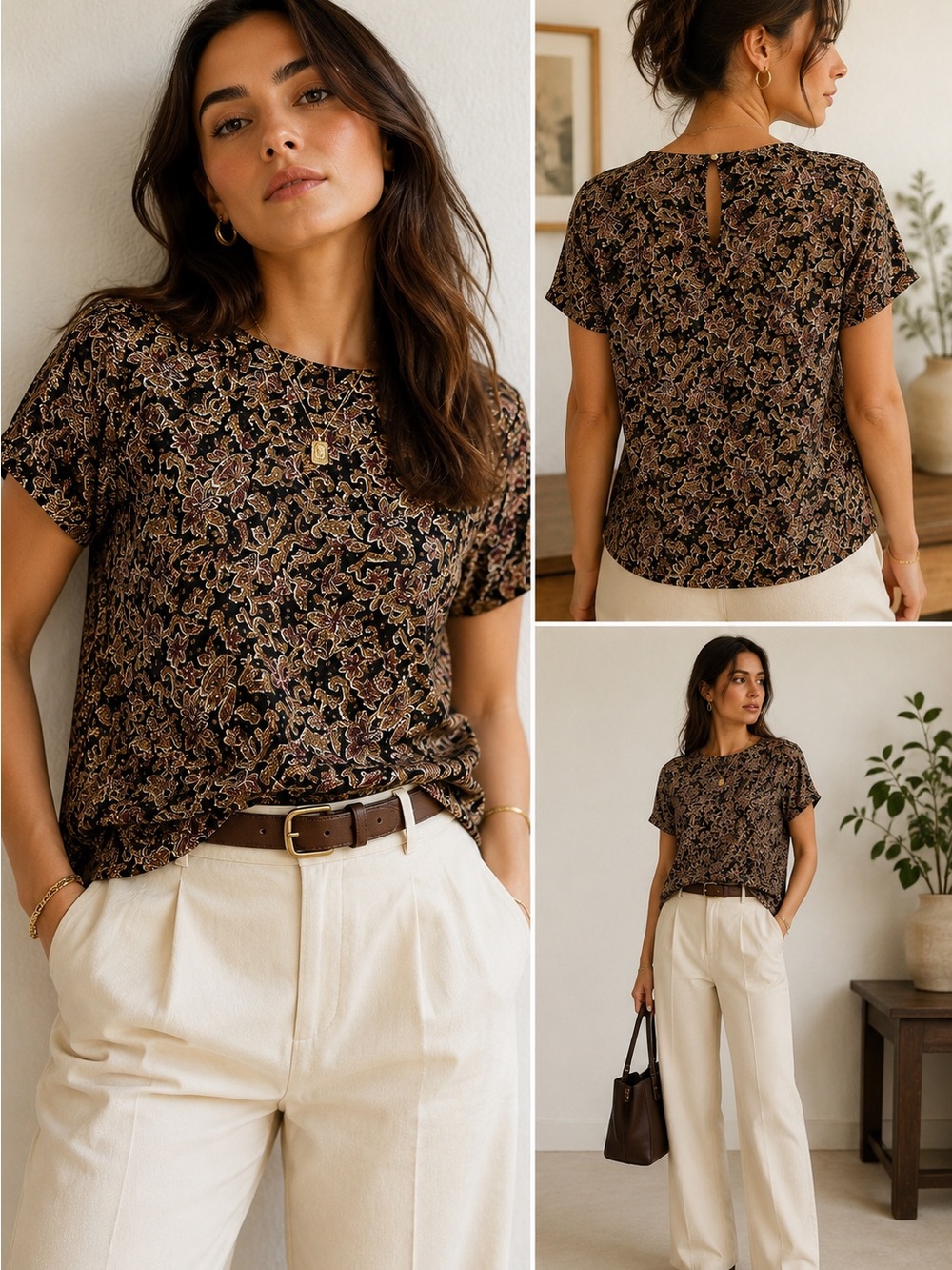 Halston 100% Silk Botanical Print Blouse, Quiet Luxury Minimalist Sz 6